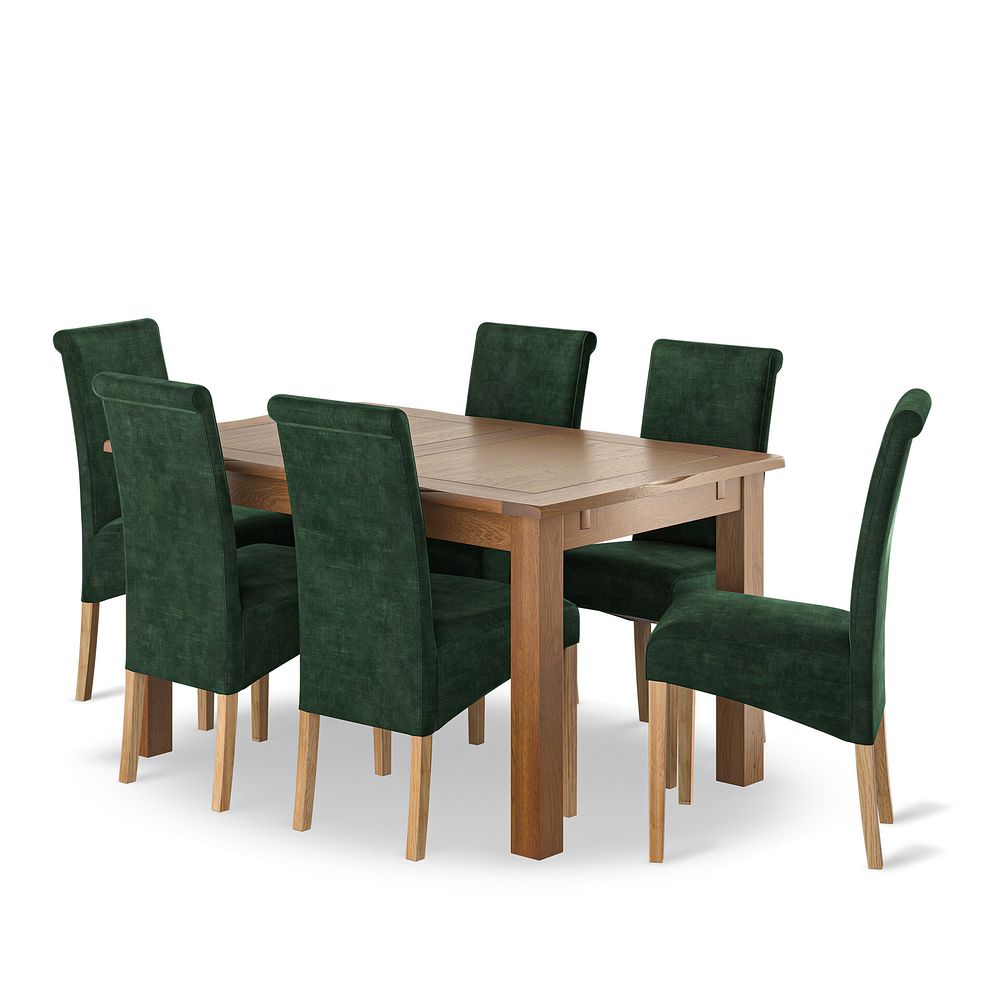 Rushmere Rustic Oak Extending Dining Table + 6 Scroll Back Chairs in Heritage Bottle Green Velvet with Oak Legs 1