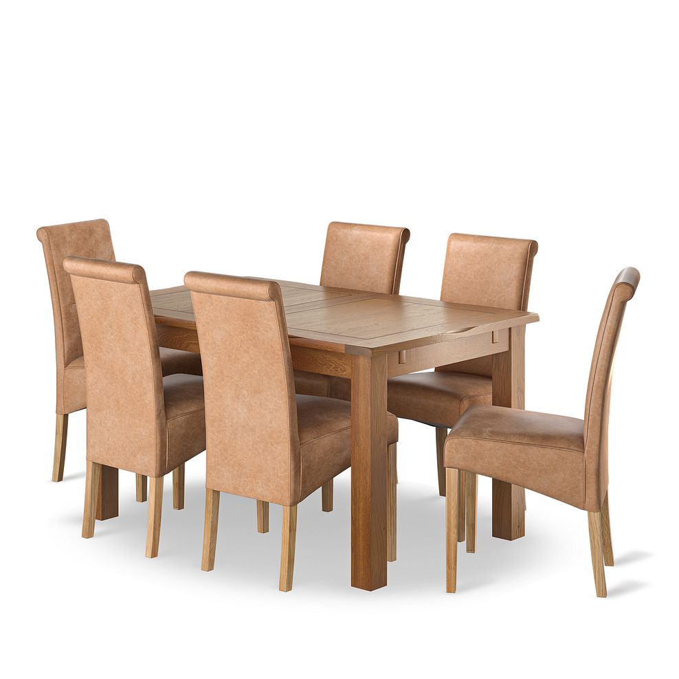 Rushmere Rustic Oak Extending Dining Table + 6 Scroll Back Chairs in Vintage Tan Leather Look Fabric with Oak Legs 1