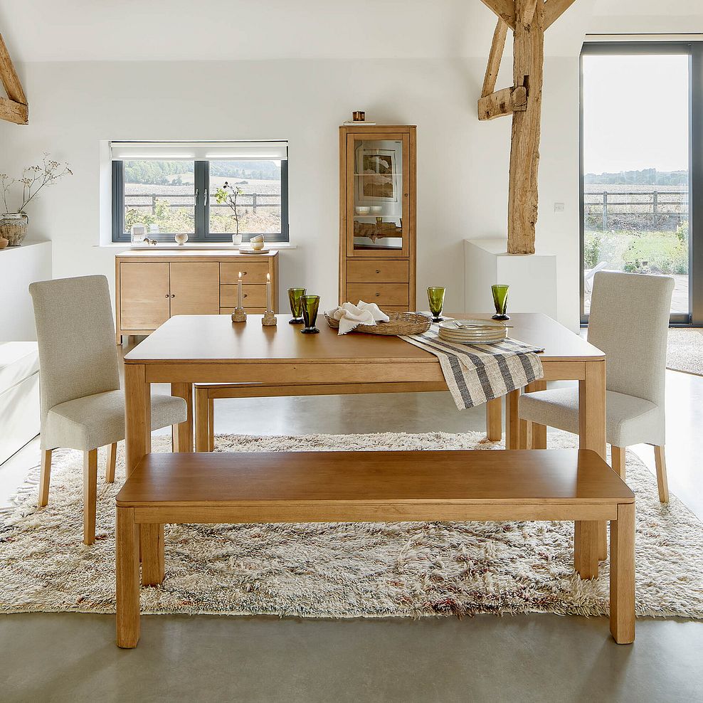 Savannah Hevea Dining Table, 2 Scroll-Back Chairs in Mink Fabric and 2 Savannah Bench Seats 1