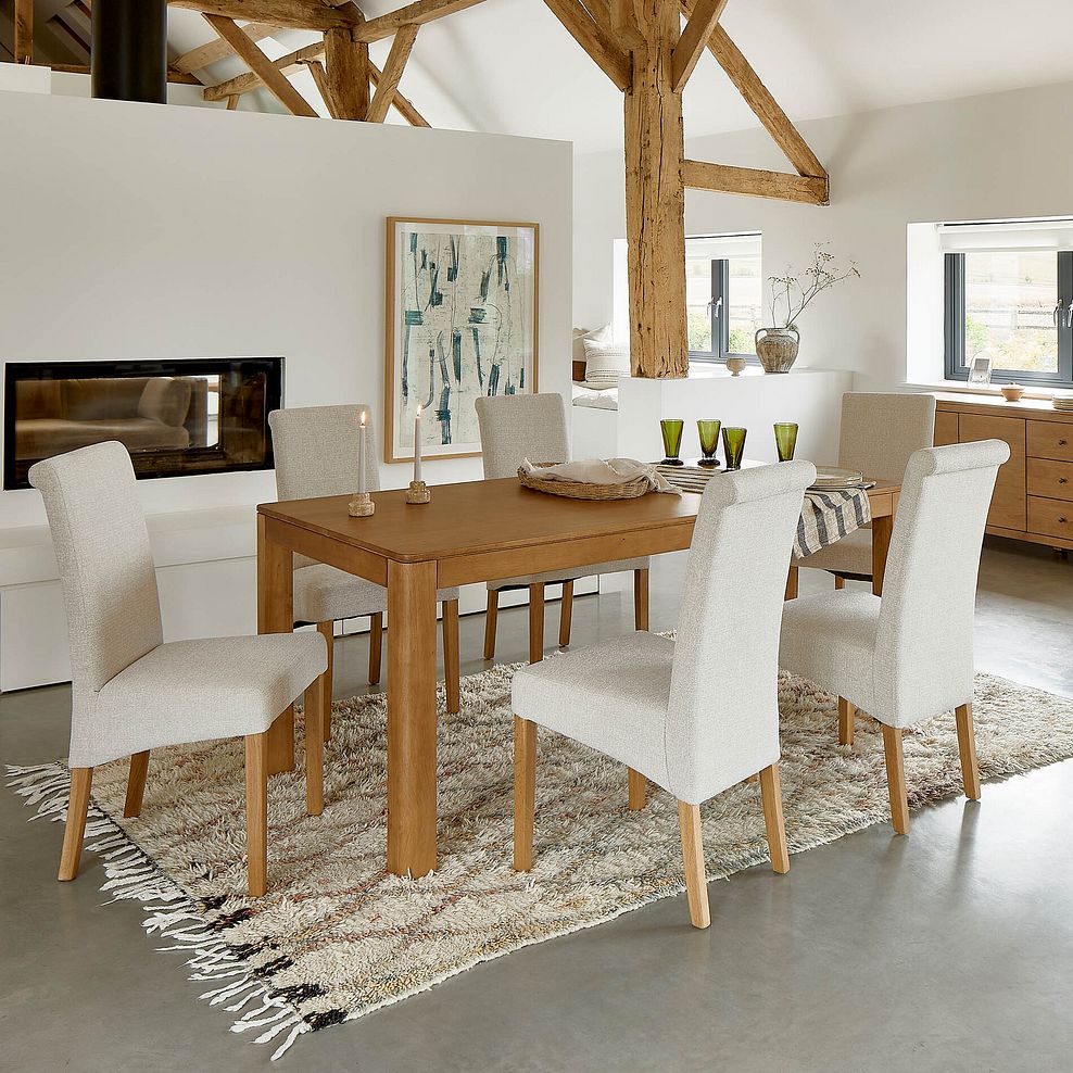 Savannah Hevea Dining Table and 6 Scroll-Back Chairs in Mink Fabric 1