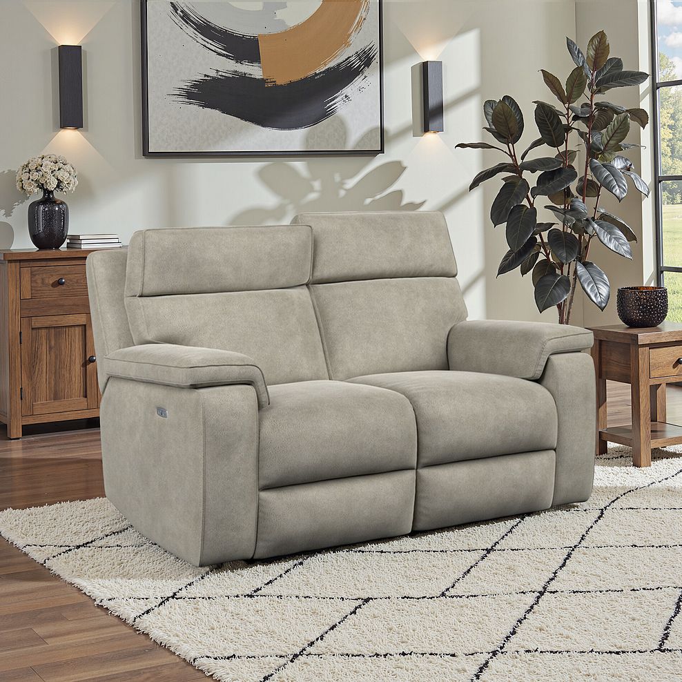 Selby 2 Seater Power Recliner Sofa with Power Headrest in Miller Taupe Fabric 1