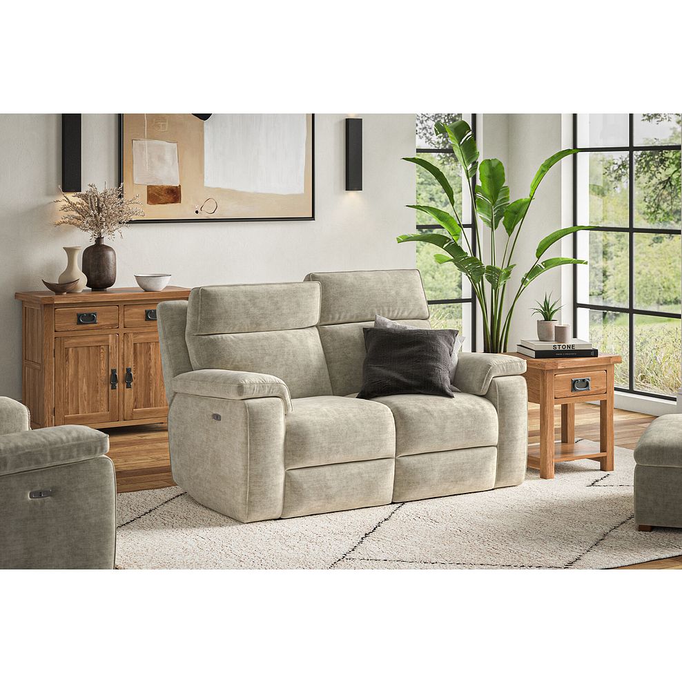 Selby 2 Seater Power Recliner Sofa with Power Headrest in Plush Beige Fabric 1