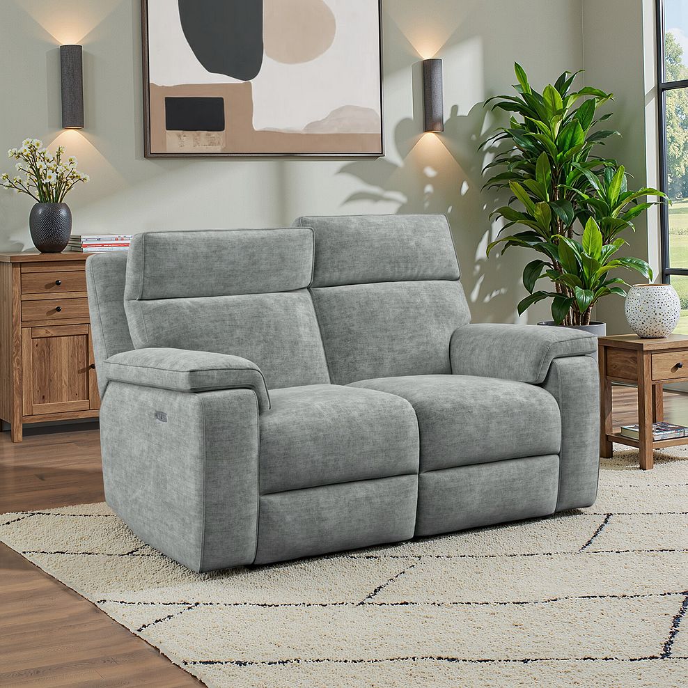 Selby 2 Seater Power Recliner Sofa with Power Headrest in Plush Silver Fabric 1
