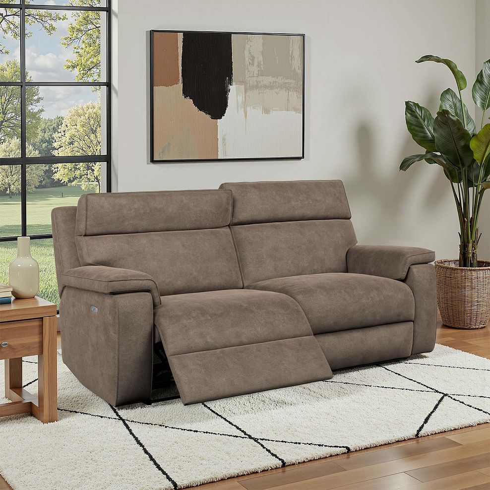 Selby 3 Seater Power Recliner Sofa with Power Headrest in Miller Earth Brown Fabric 1