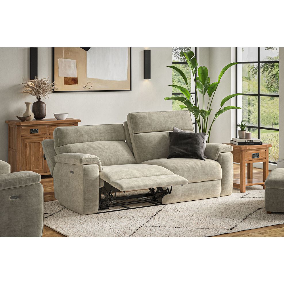 Selby 3 Seater Power Recliner Sofa with Power Headrest in Plush Beige Fabric 1