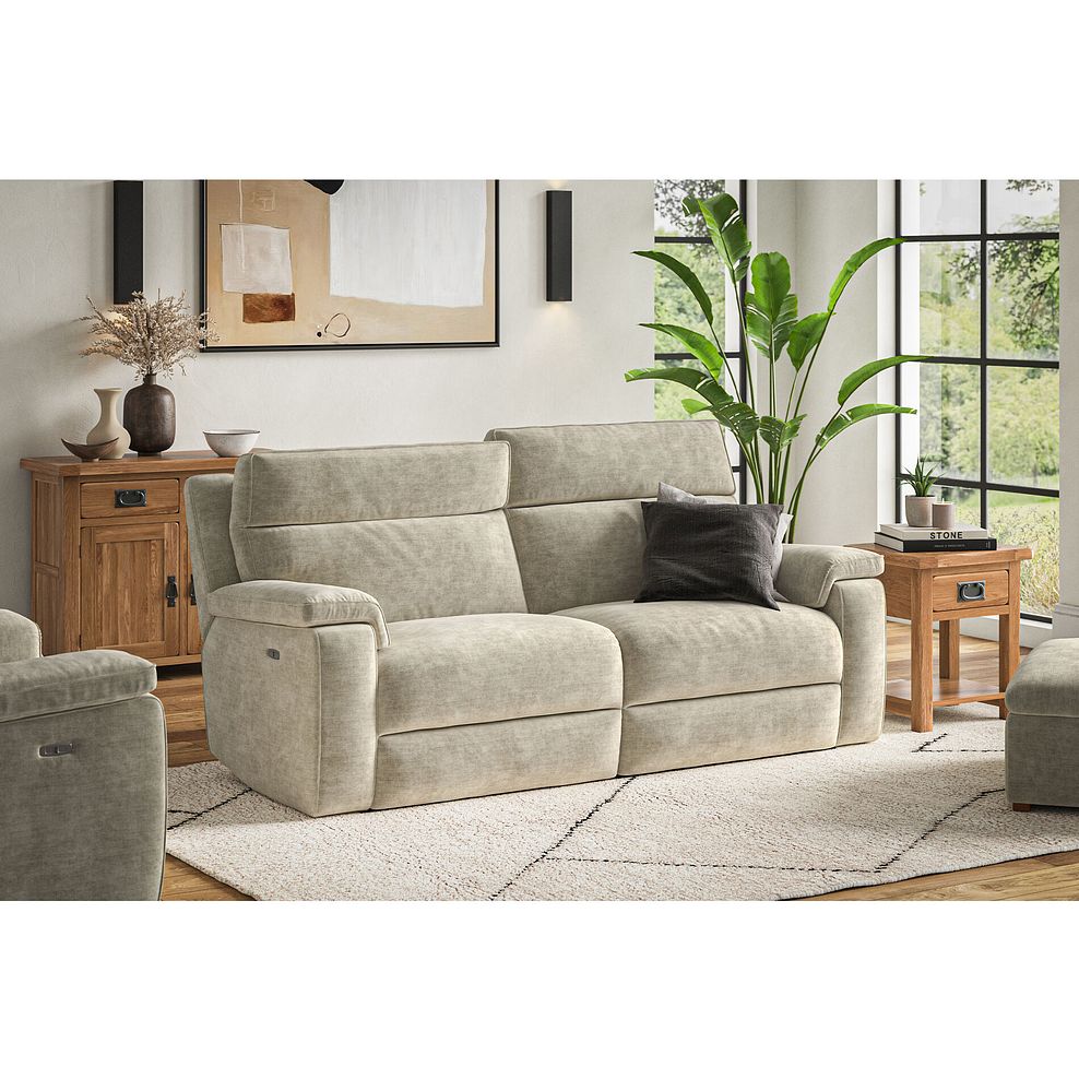 Selby 3 Seater Power Recliner Sofa with Power Headrest in Plush Beige Fabric 3