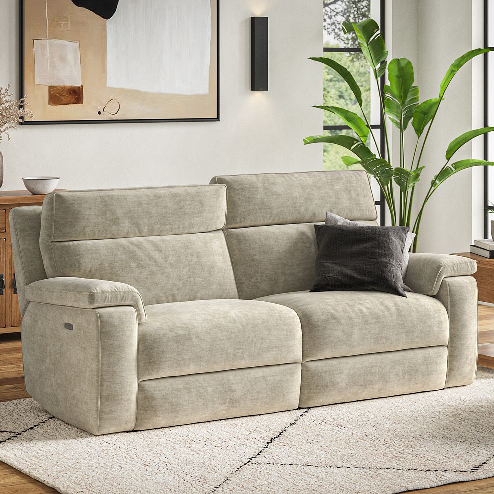 Selby 3 Seater Power Recliner Sofa with Power Headrest in Plush Beige Fabric 3