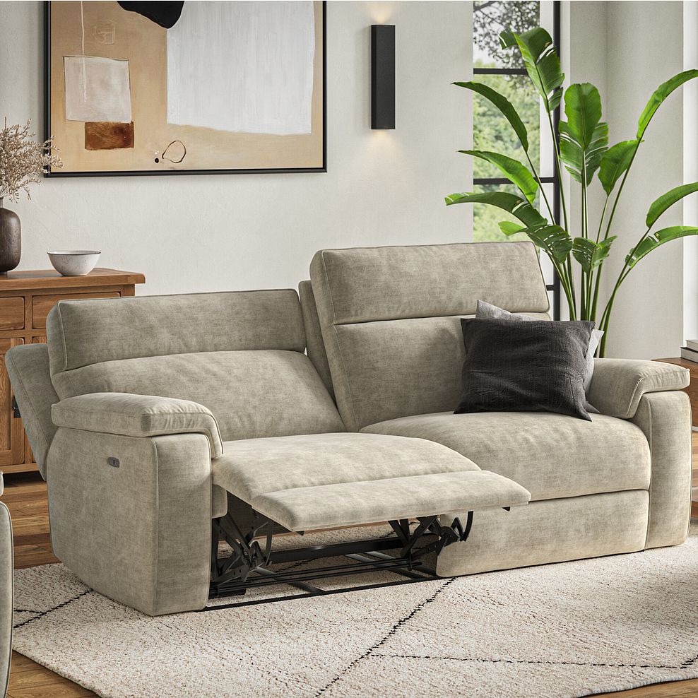 Selby 3 Seater Power Recliner Sofa with Power Headrest in Plush Beige Fabric 1