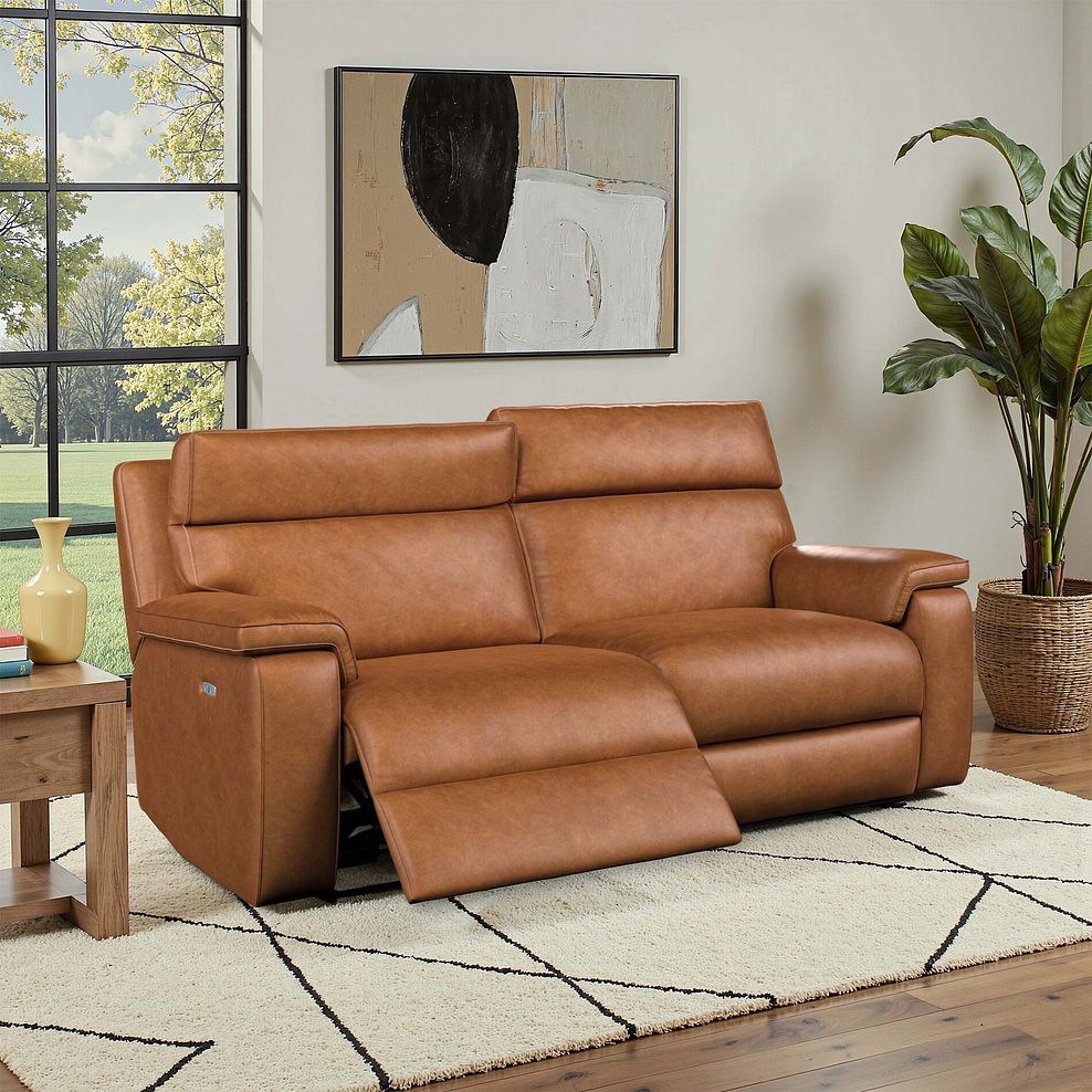 Selby 3 Seater Power Recliner Sofa with Power Headrest in Virgo Cognac Leather 1