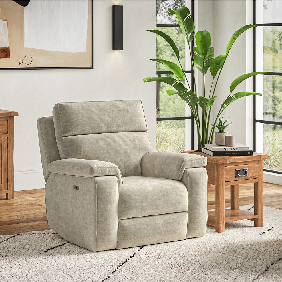 Selby Power Recliner Armchair in Plush Beige Fabric 2