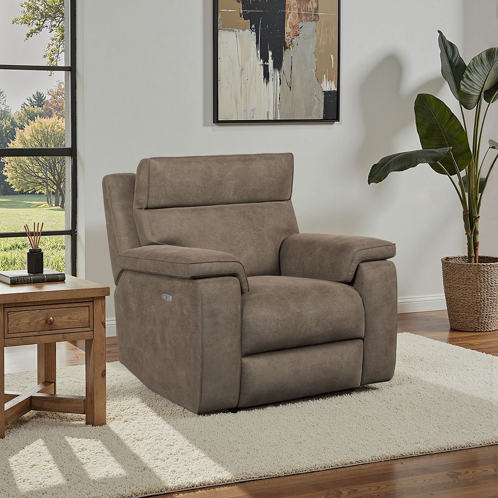 Selby Power Recliner Armchair with Power Headrest in Miller Earth Brown Fabric 1