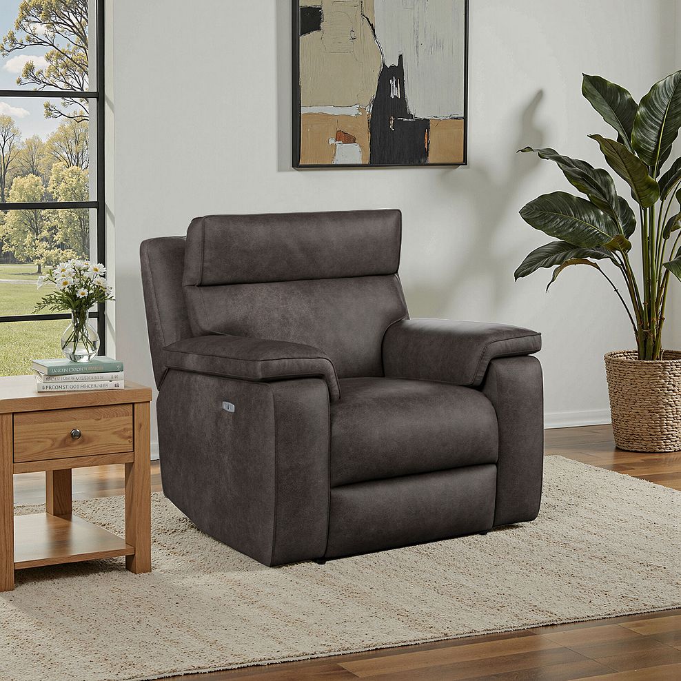 Selby Power Recliner Armchair with Power Headrest in Pilgrim Pewter Fabric 1