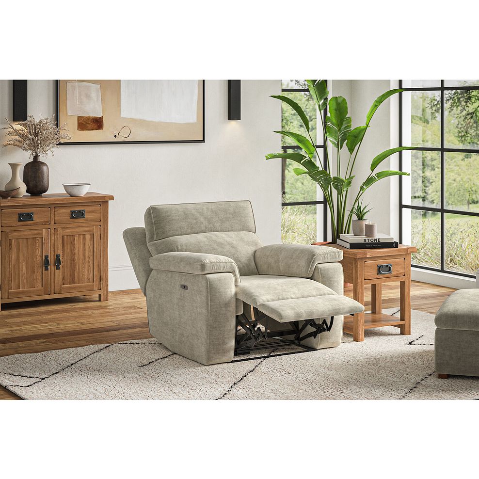 Selby Power Recliner Armchair with Power Headrest in Plush Beige Fabric 2