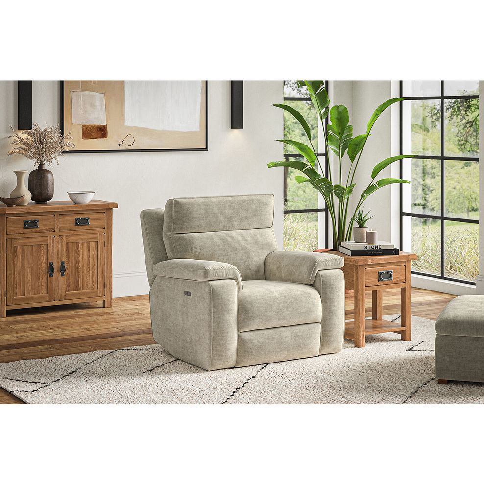 Selby Power Recliner Armchair with Power Headrest in Plush Beige Fabric 1