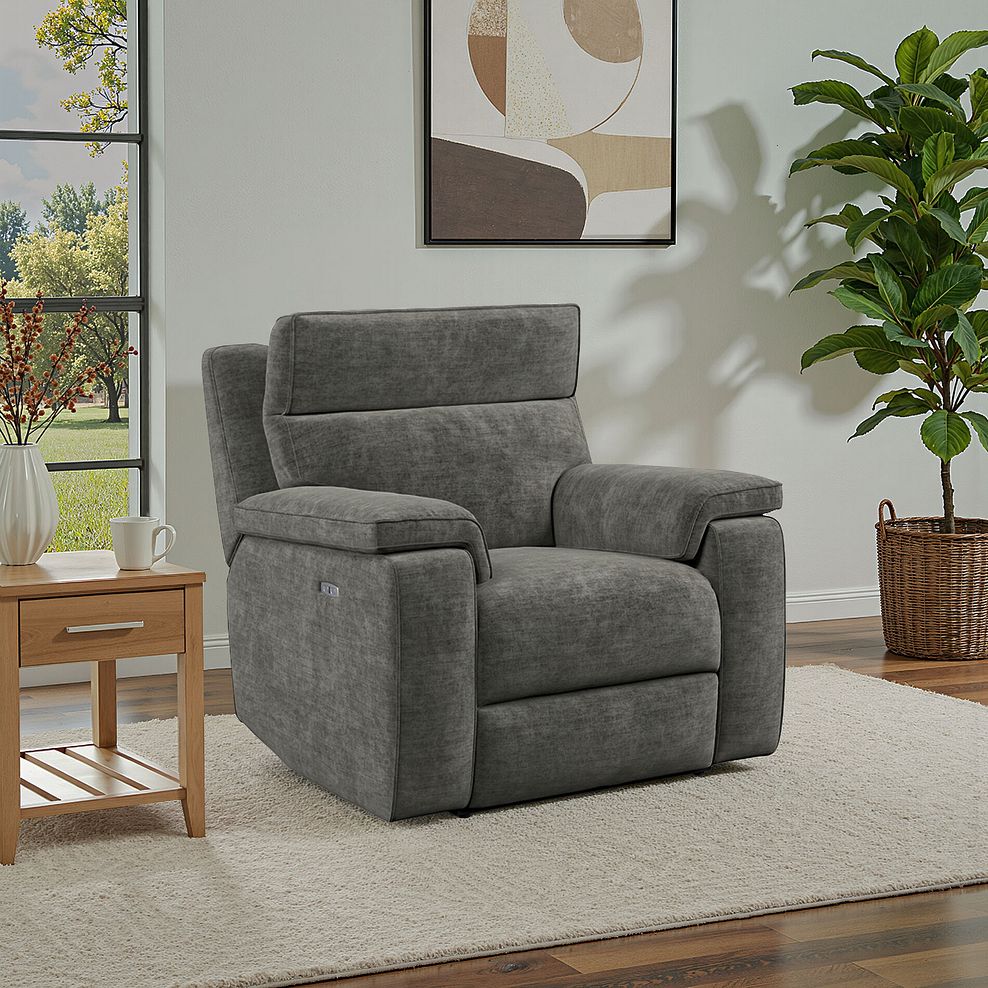 Selby Power Recliner Armchair with Power Headrest in Plush Charcoal Fabric 1