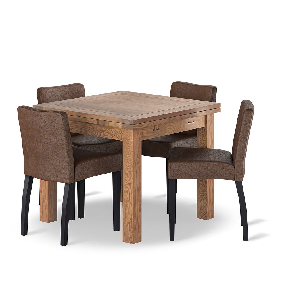 Sherwood 4 Seater Rustic Oak Extending Dining Table + 4 Dawson Chairs with Black Legs in Vintage Brown Leather Look Fabric 1