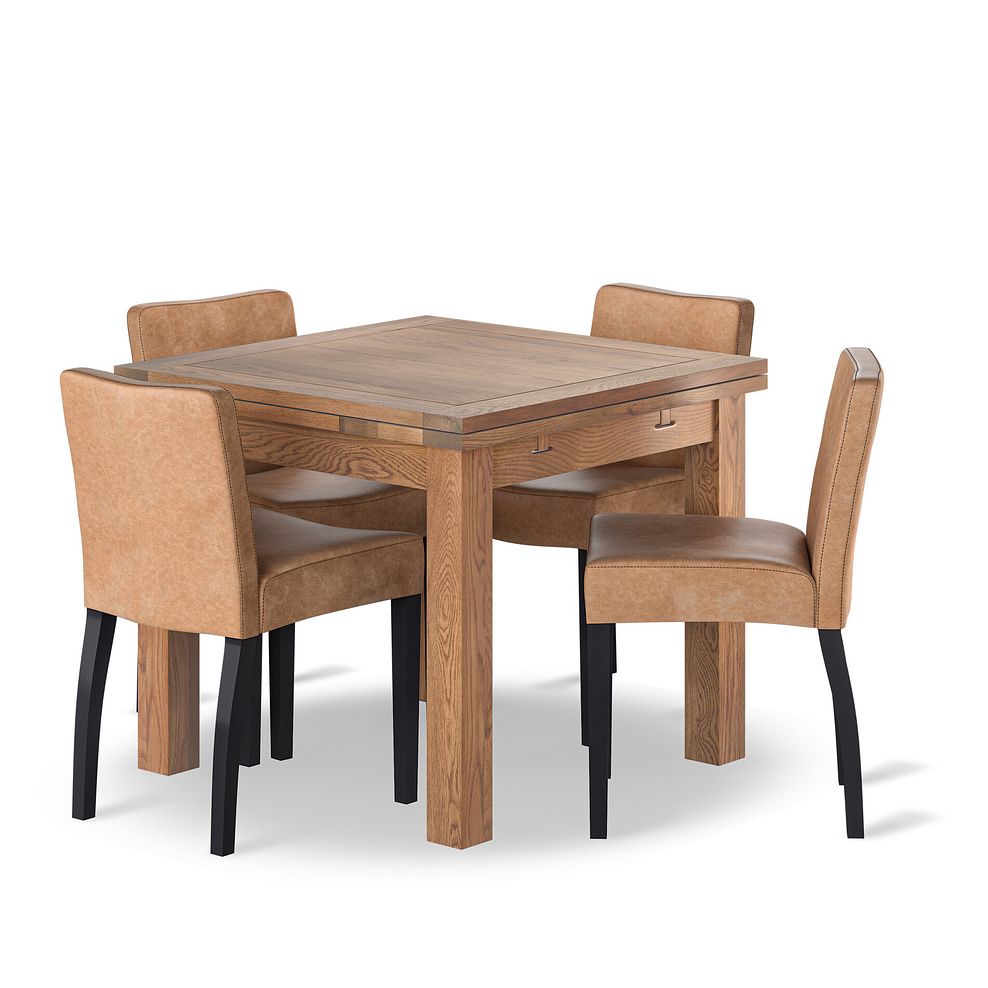 Sherwood 4 Seater Rustic Oak Extending Dining Table + 4 Dawson Chairs with Black Legs in Vintage Tan Leather Look Fabric 1
