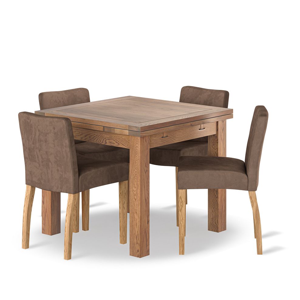 Sherwood 4 Seater Rustic Oak Extending Dining Table + 4 Dawson Chairs with Oak Legs in Suede Look Brown Fabric 1