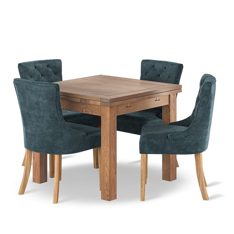 Sherwood 4 Seater Rustic Oak Extending Dining Table + 4  Isobel Button Back Chairs Seat in Heritage Airforce Velvet 1