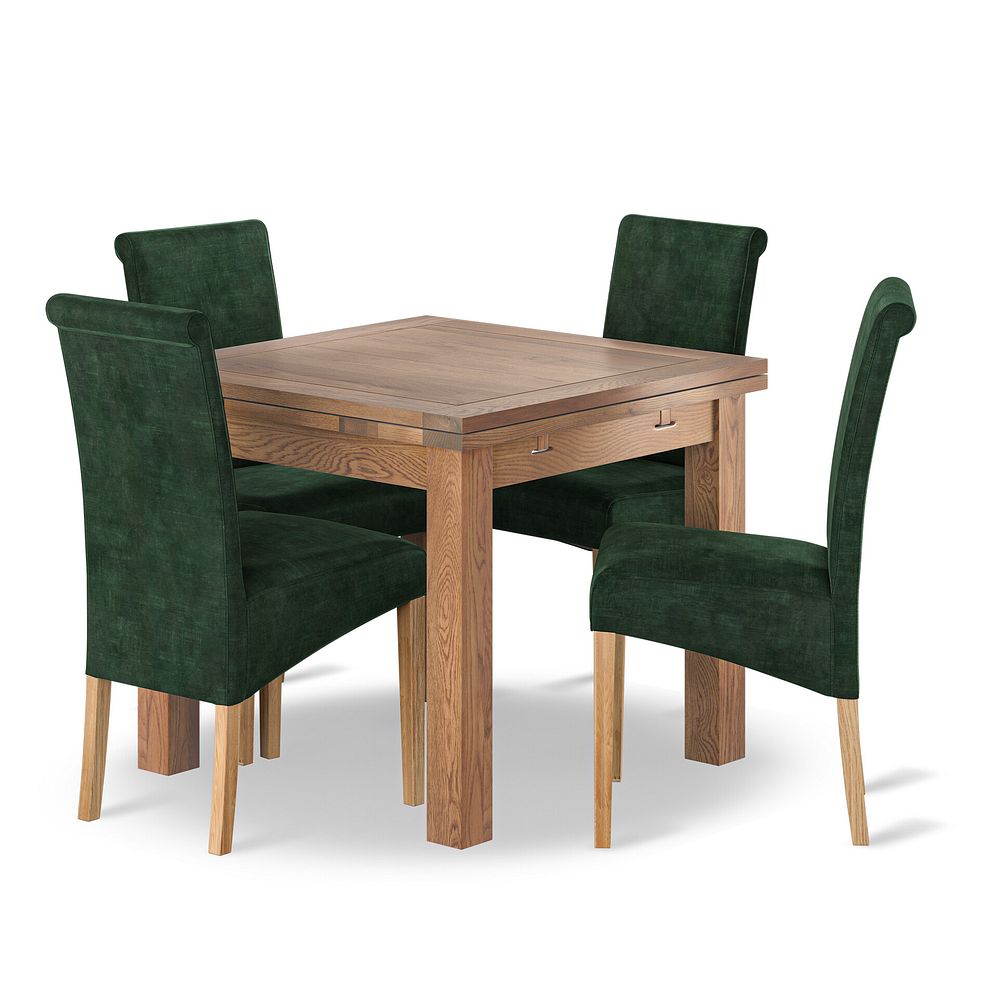 Sherwood 4 Seater Rustic Oak Extending Dining Table + 4 Scroll Back Chairs in Heritage Bottle Green Velvet with Oak Legs 1