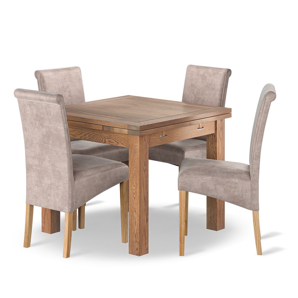 Sherwood 4 Seater Rustic Oak Extending Dining Table + 4 Scroll Back Chairs in Heritage Mink Velvet with Oak Legs 1