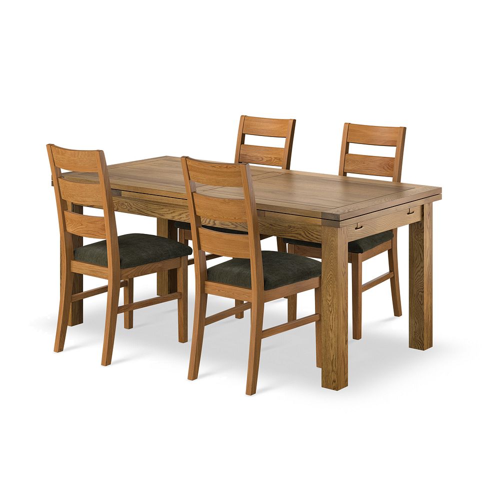 Sherwood Extending Dining Table and 4 Linear Rustic Oak Chair with Verona Green Fabric 1