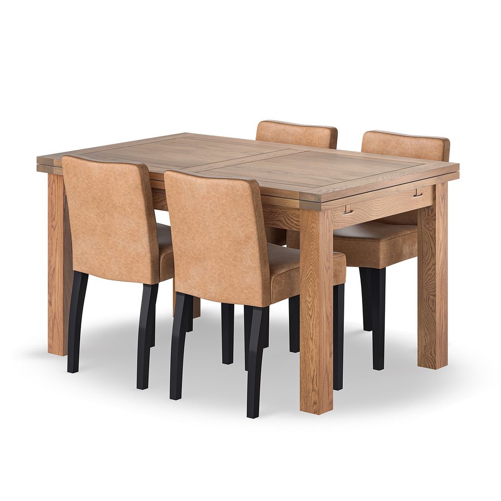 Sherwood Rustic Oak 4ft 7" Extending Dining Table + 4 Dawson Chairs with Black Legs in Vintage Tan Leather Look Fabric 1