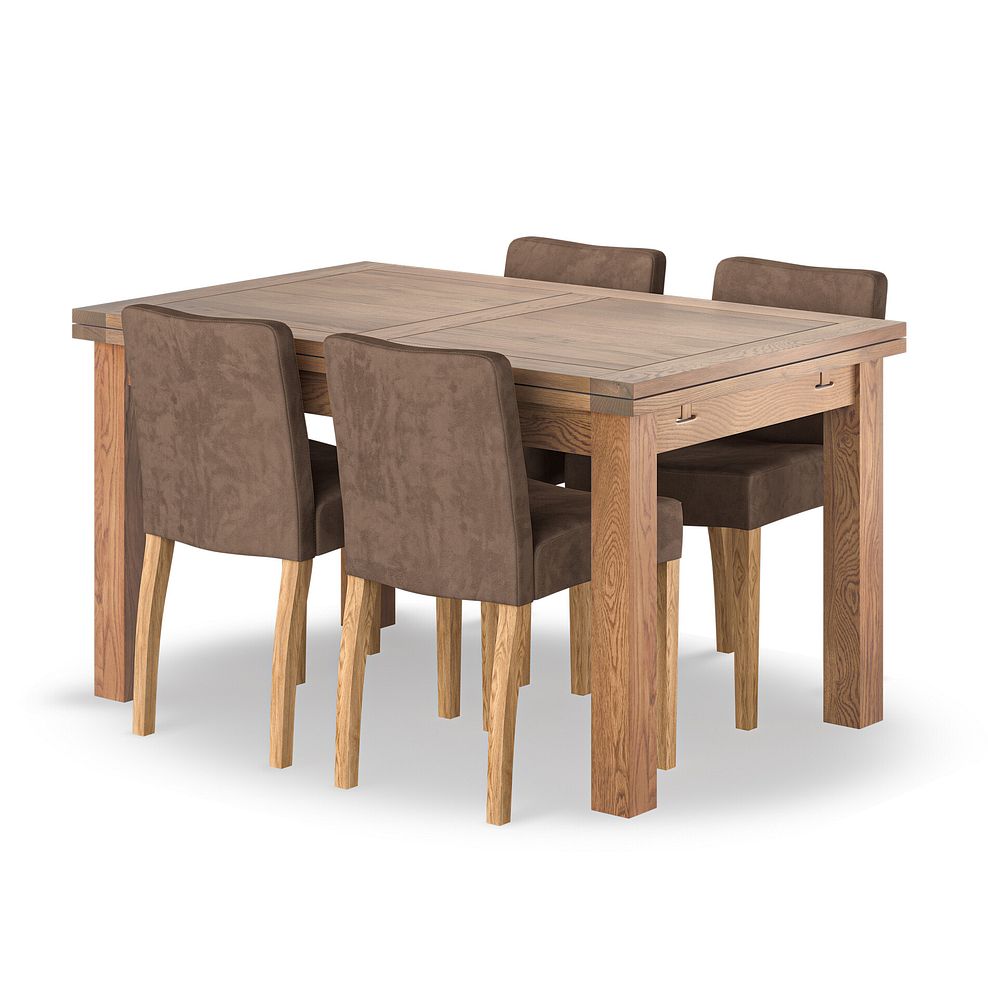 Sherwood Rustic Oak 4ft 7" Extending Dining Table + 4 Dawson Chairs with Oak Legs in Suede Look Brown Fabric 1