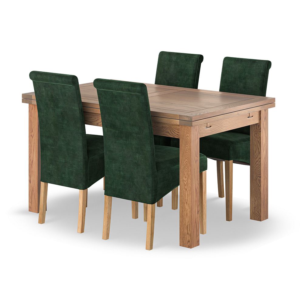 Sherwood Rustic Oak 4ft 7" Extending Dining Table + 4 Scroll Back Chairs in Heritage Bottle Green Velvet 1