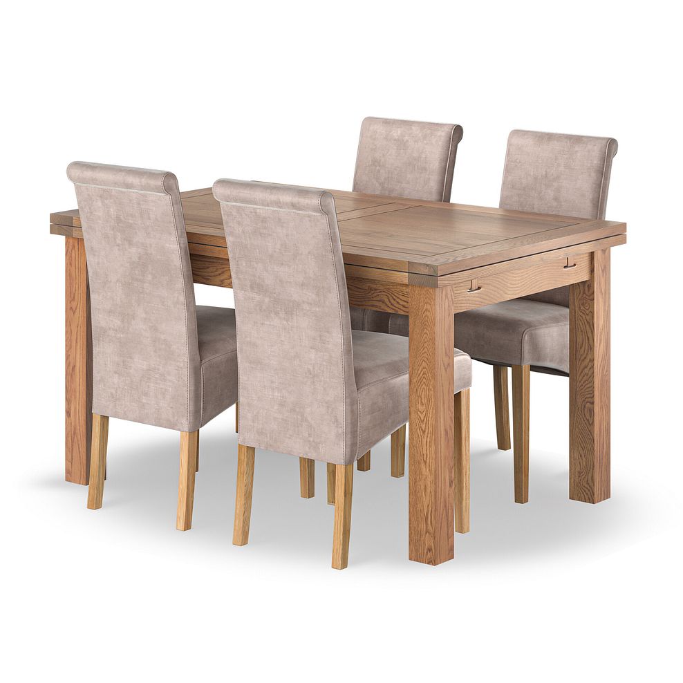Sherwood Rustic Oak 4ft 7" Extending Dining Table + 4 Scroll Back Chairs in Heritage Mink Velvet 1