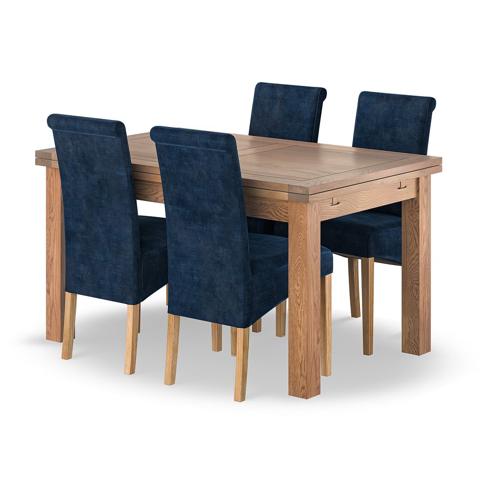 Sherwood Rustic Oak 4ft 7" Extending Dining Table + 4 Scroll Back Chairs in Heritage Royal Blue Velvet 1