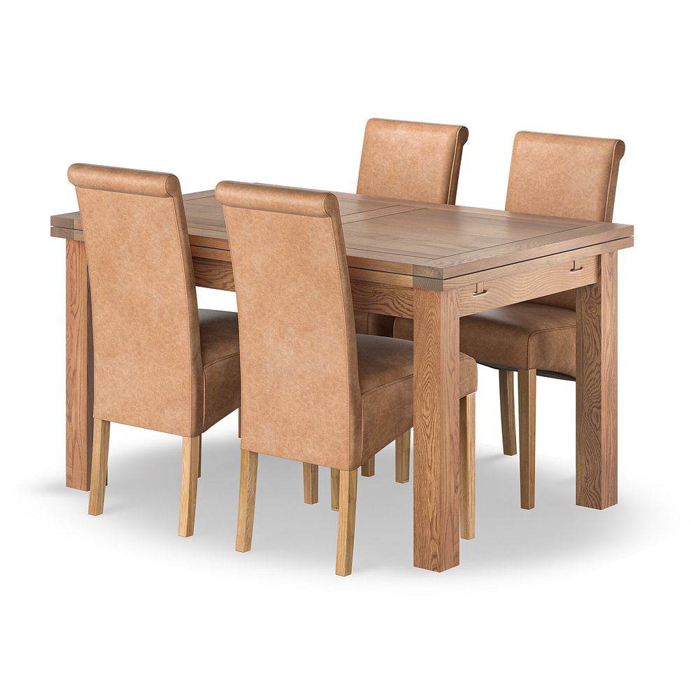 Sherwood Rustic Oak 4ft 7" Extending Dining Table + 4 Scroll Back Chairs in Vintage Tan Leather Look Fabric 1