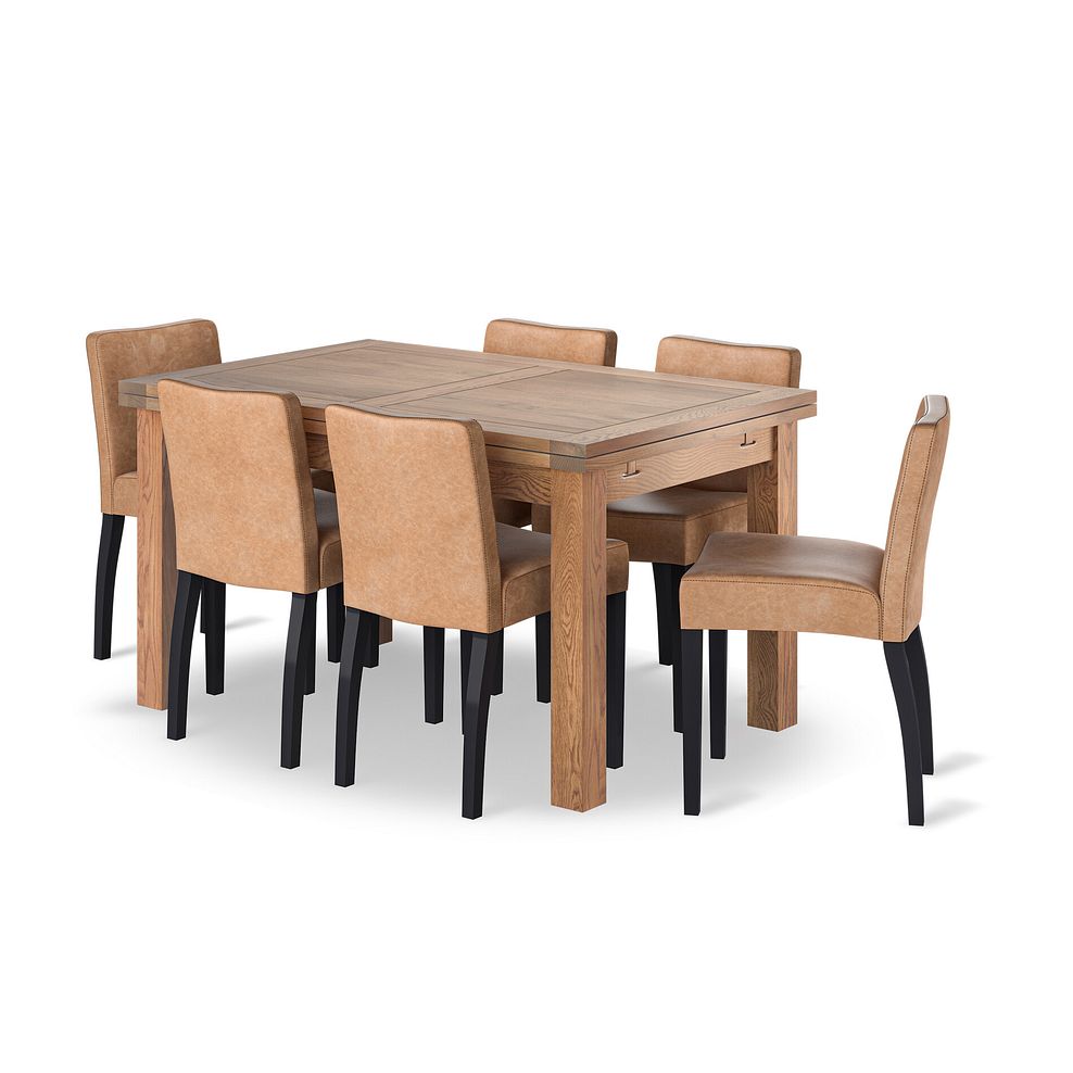 Sherwood Rustic Oak 4ft 7" Extending Dining Table + 6 Dawson Chair with Black Legs in Vintage Tan Leather Look Fabric 1
