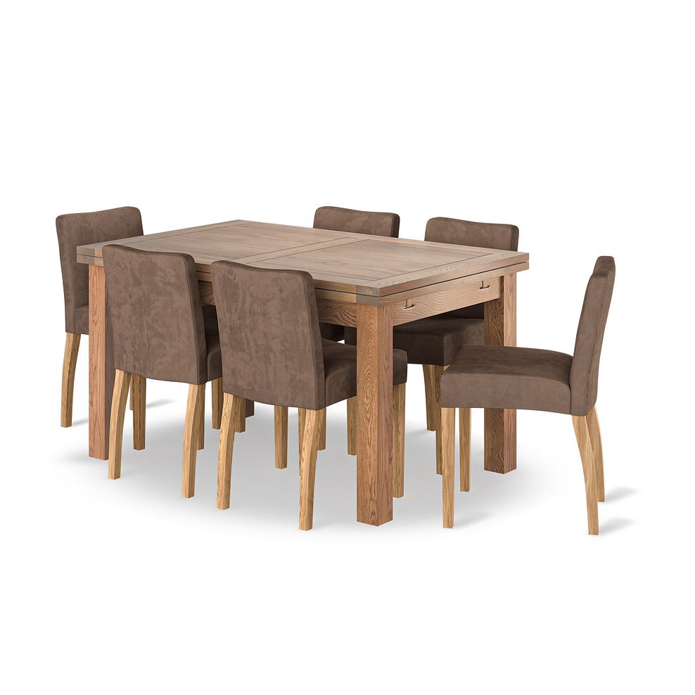 Sherwood Rustic Oak 4ft 7" Extending Dining Table + 6 Dawson Chairs with Oak Legs in Suede Look Brown Fabric 1