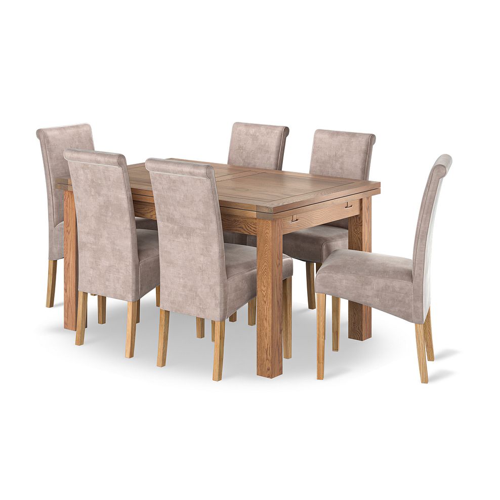 Sherwood Rustic Oak 4ft 7" Extending Dining Table + 6 Scroll Back Chairs in Heritage Mink Velvet 1