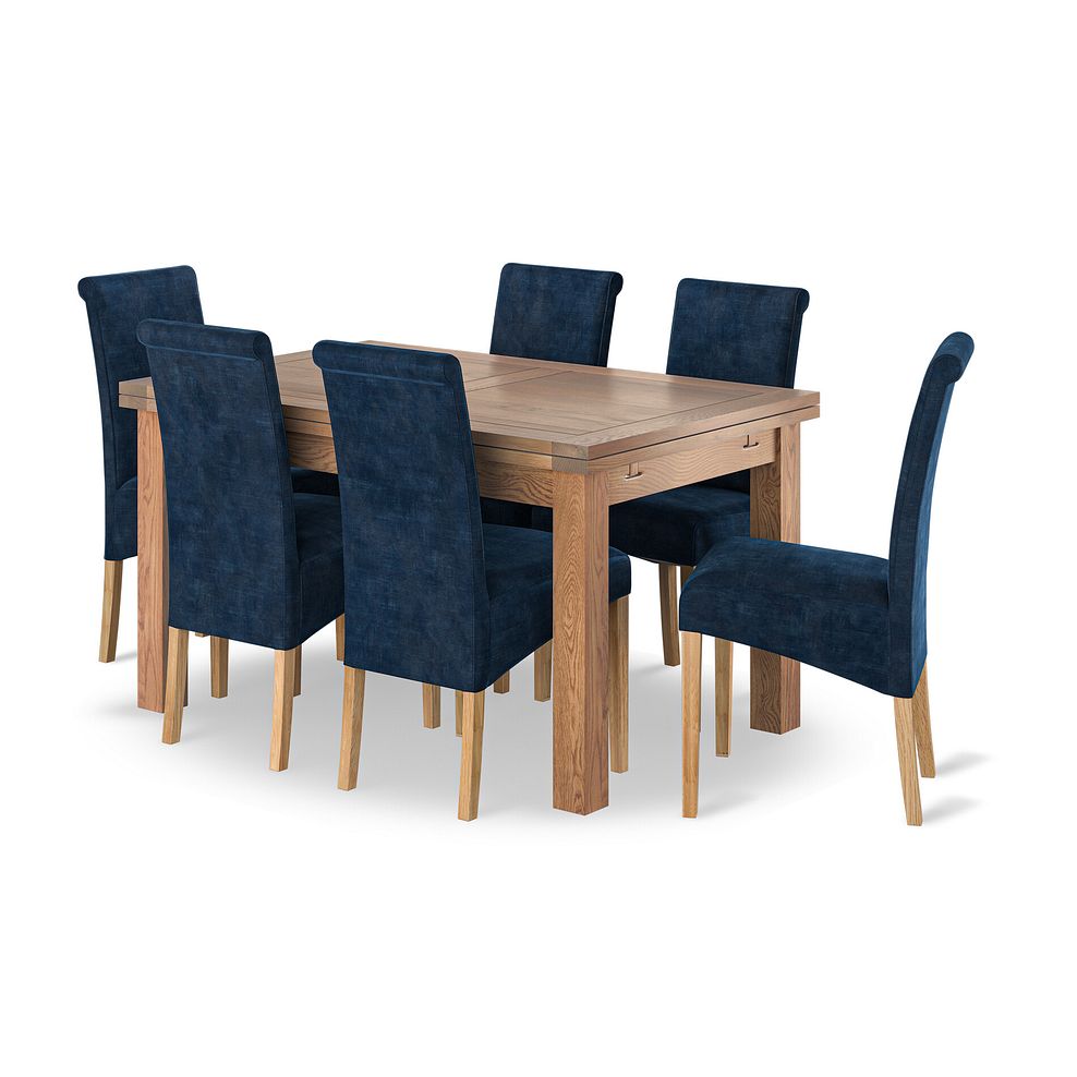 Sherwood Rustic Oak 4ft 7" Extending Dining Table + 6 Scroll Back Chairs in Heritage Royal Blue Velvet 1