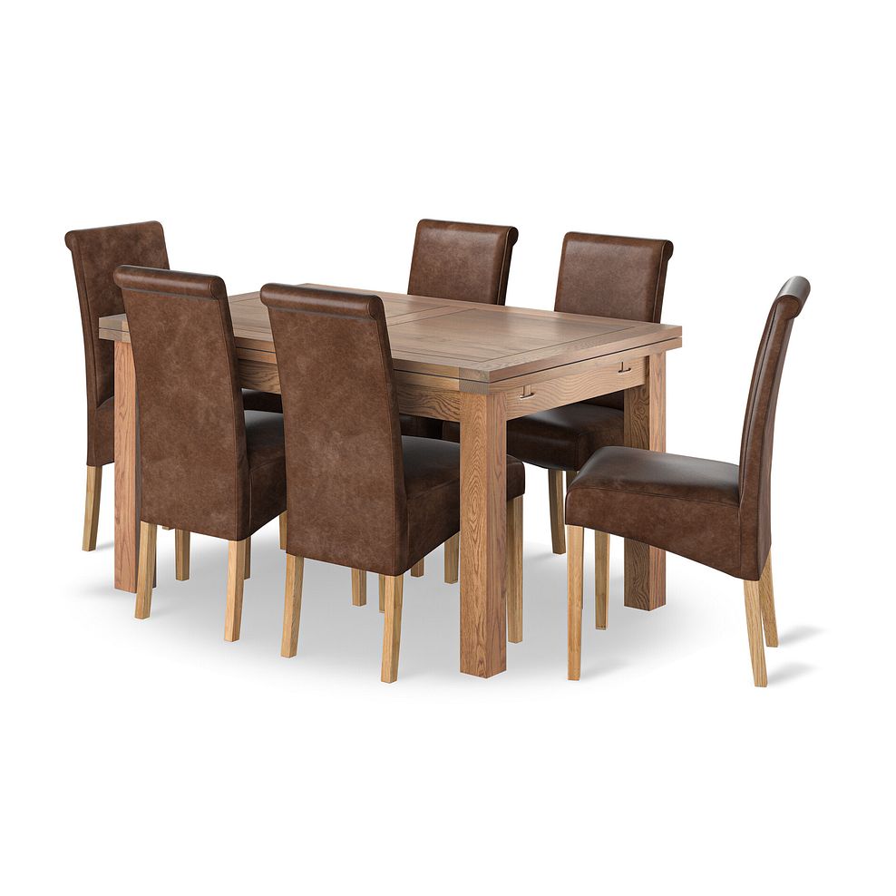 Sherwood Rustic Oak 4ft 7" Extending Dining Table + 6 Scroll Back Chairs in Vintage Brown Leather Look Fabric 1