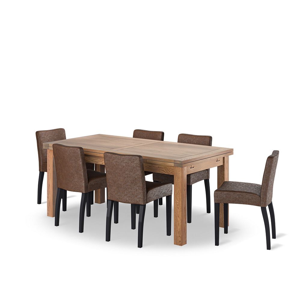 Sherwood Rustic Oak 6ft Extending Dining Table + 6 Dawson Chairs with Black Legs in Vintage Brown Leather Look Fabric 1