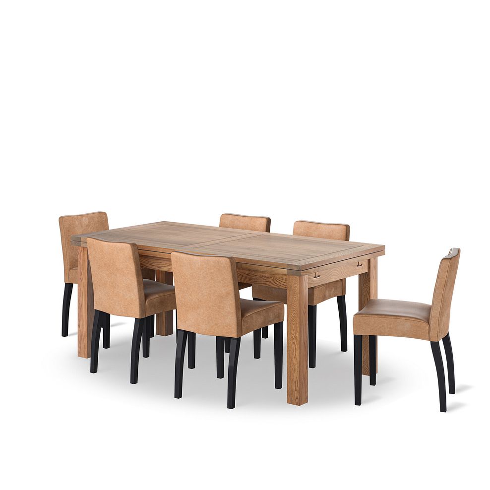 Sherwood Rustic Oak 6ft Extending Dining Table + 6 Dawson Chairs with Black Legs in Vintage Tan Leather Look Fabric 1
