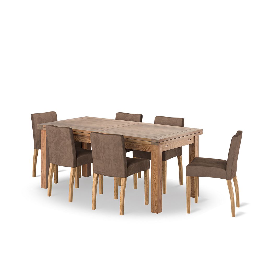 Sherwood Rustic Oak 6ft Extending Dining Table + 6 Dawson Chairs with Oak Legs in Suede Look Brown Fabric 1
