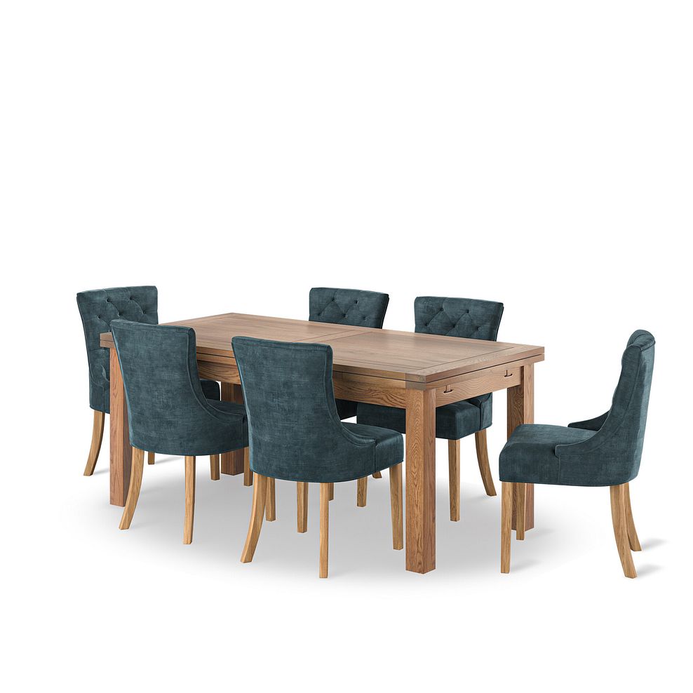 Sherwood Rustic Oak 6ft Extending Dining Table + 6  Isobel Button Back Chairs Seat in Heritage Airforce Velvet 1