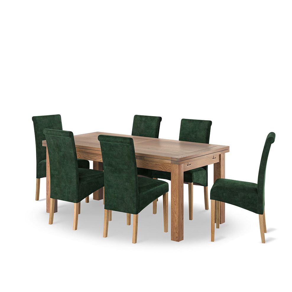 Sherwood Rustic Oak 6ft Extending Dining Table + 6 Scroll Back Chairs in Heritage Bottle Green Velvet with Oak Legs 1
