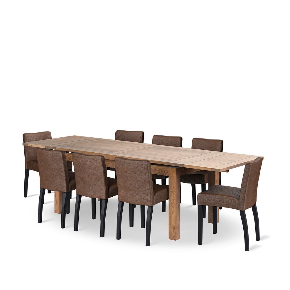 Sherwood Rustic Oak 6ft Extending Dining Table + 8 Dawson Chairs with Black Legs in Vintage Brown Leather Look Fabric 1