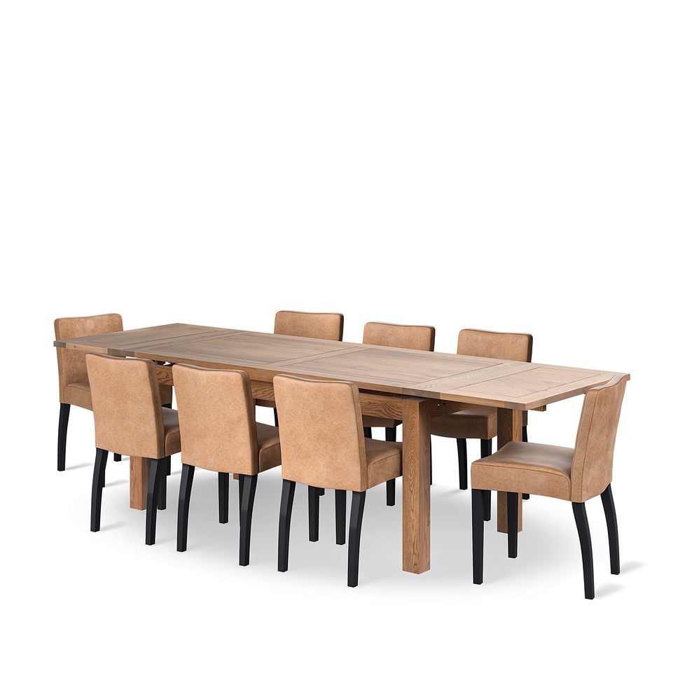 Sherwood Rustic Oak 6ft Extending Dining Table + 8 Dawson Chairs with Black Legs in Vintage Tan Leather Look Fabric 1