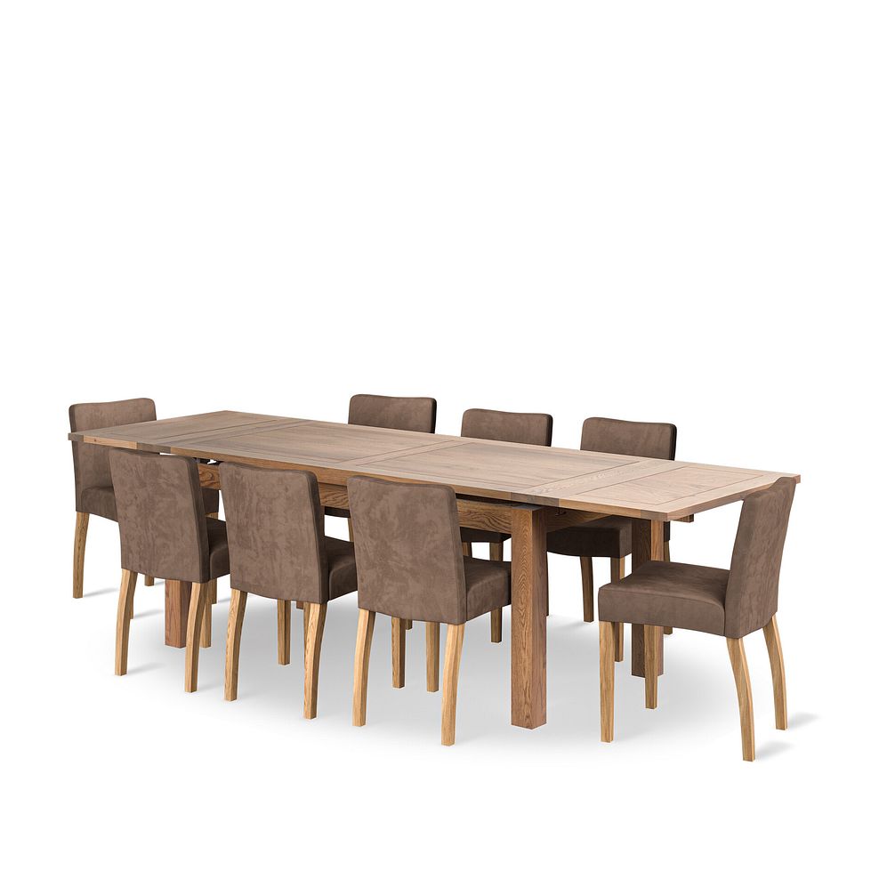 Sherwood Rustic Oak 6ft Extending Dining Table + 8 Dawson Chairs with Oak Legs in Suede Look Brown Fabric 1