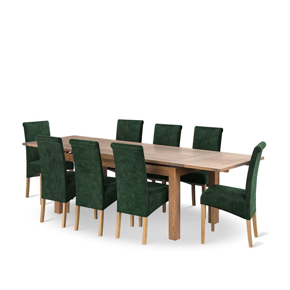 Sherwood Rustic Oak 6ft Extending Dining Table + 8 Scroll Back Chairs in Heritage Bottle Green Velvet with Oak Legs 1
