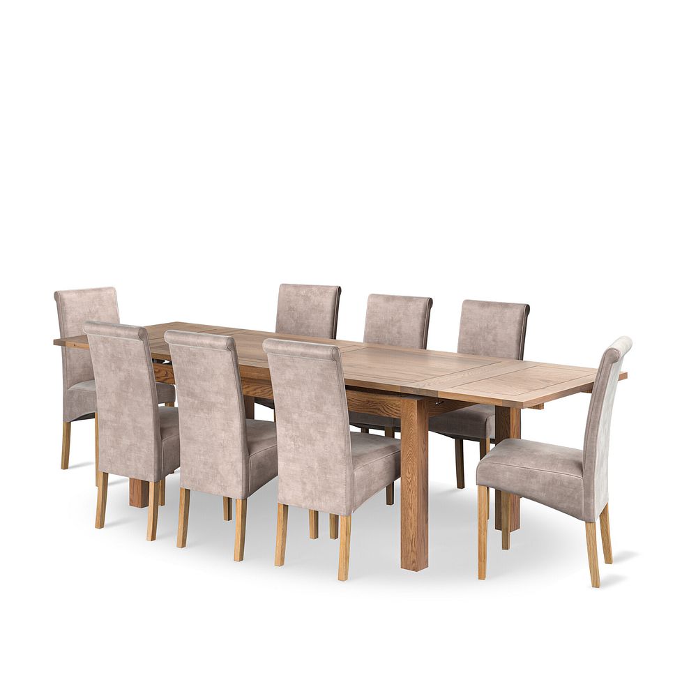 Sherwood Rustic Oak 6ft Extending Dining Table + 8 Scroll Back Chairs in Heritage Mink Velvet with Oak Legs 1