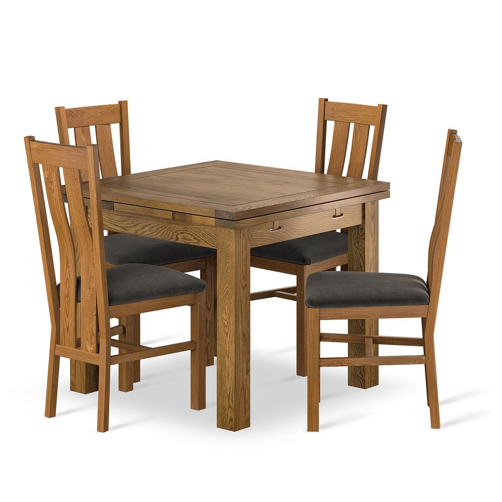 Sherwood Rustic Solid Oak 3ft x 3ft Extending Dining Table + 4 Arched Back Rustic Solid Oak Chair with Verona Chocolate Fabric Seat 1