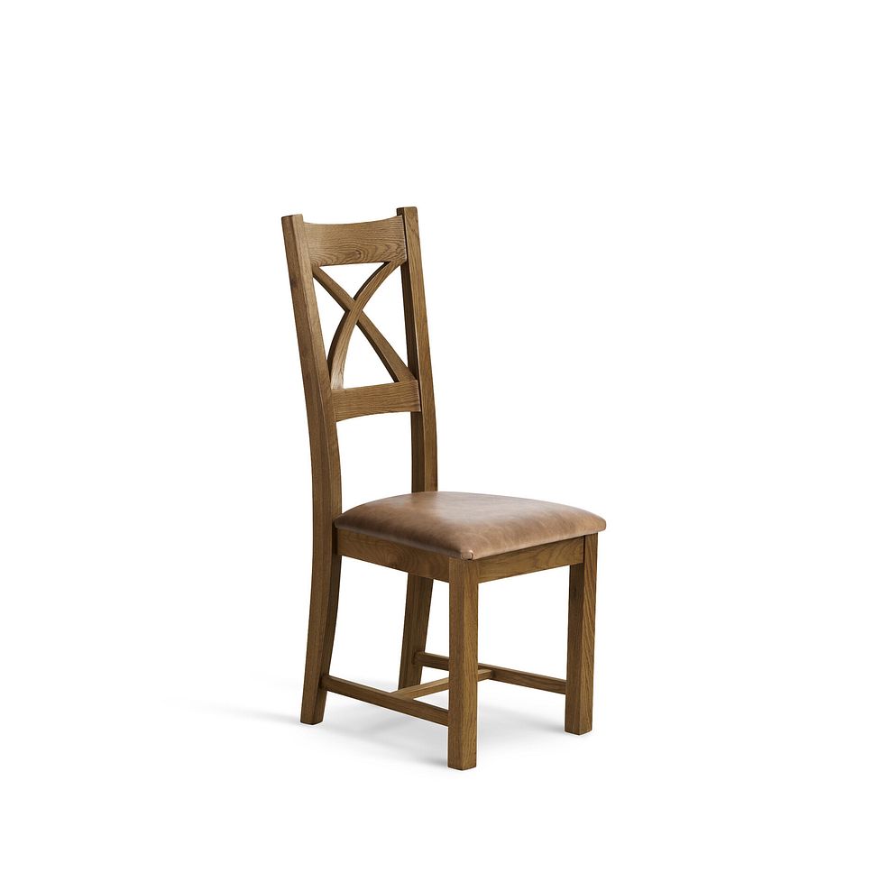 Sherwood Rustic Solid Oak 3ft x 3ft Extending Dining Table + 4 Cross Back Rustic Solid Oak Chair with Vintage Tan Leather Look Fabric Seat 4