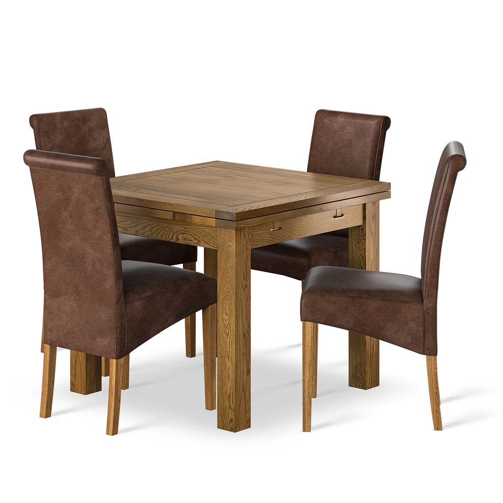Sherwood Rustic Solid Oak 3ft x 3ft Extending Dining Table + 4 Scroll Back Chair in Vintage Brown Leather Look Fabric with Oak Legs 1